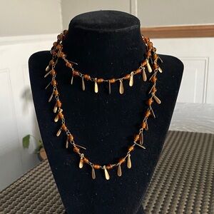 Two-Strand Amber Bead Necklace with Gold Teardrop Charms - Women's Jewelry